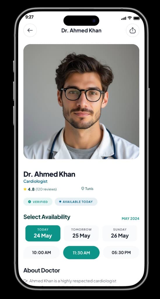 Tunidoc APP — fiche praticien, disponibilités et prise de rendez-vous